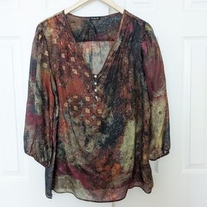 One Eighty Dark Autumn Batik Print 100% Silk Blouse, size L